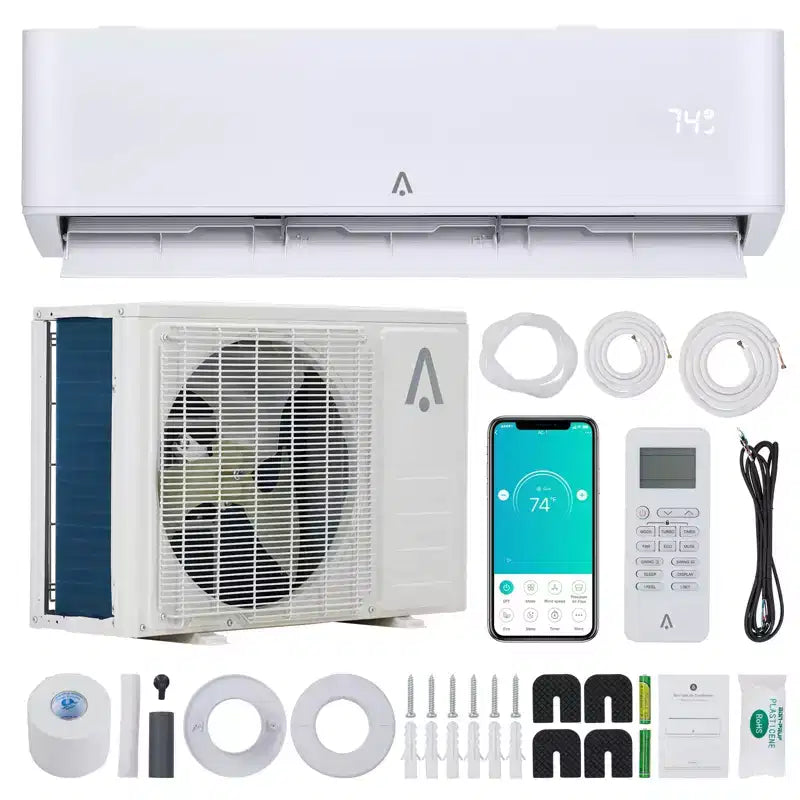 Climatiseur 18 000 BTU 23 SEER, refroidit une pièce jusqu'à 116 m², Mini split mural sans conduit avec pompe à chaleur et kit d'installation de 5 m, système split, blanc