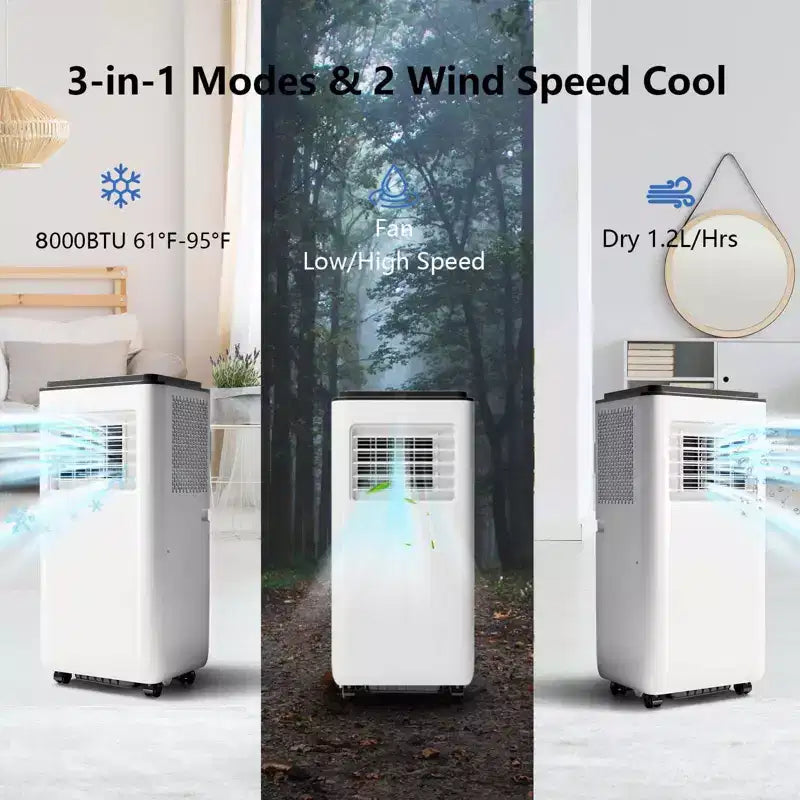 Climatiseur portable 8000 BTU avec télécommande, unité de climatisation silencieuse avec modes froid, déshumidificateur et ventilateur, refroidissement de pièce jusqu'à 32,5 m², minuterie 24 heures, blanc