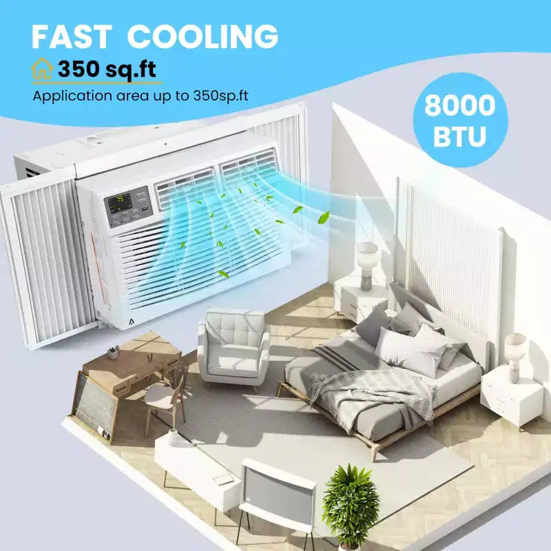 Climatiseur de fenêtre 8000 BTU avec télécommande, rafraîchit les pièces jusqu'à 42 m², 3 vitesses de refroidissement et de ventilation, fonctionnement silencieux, kit d'installation facile