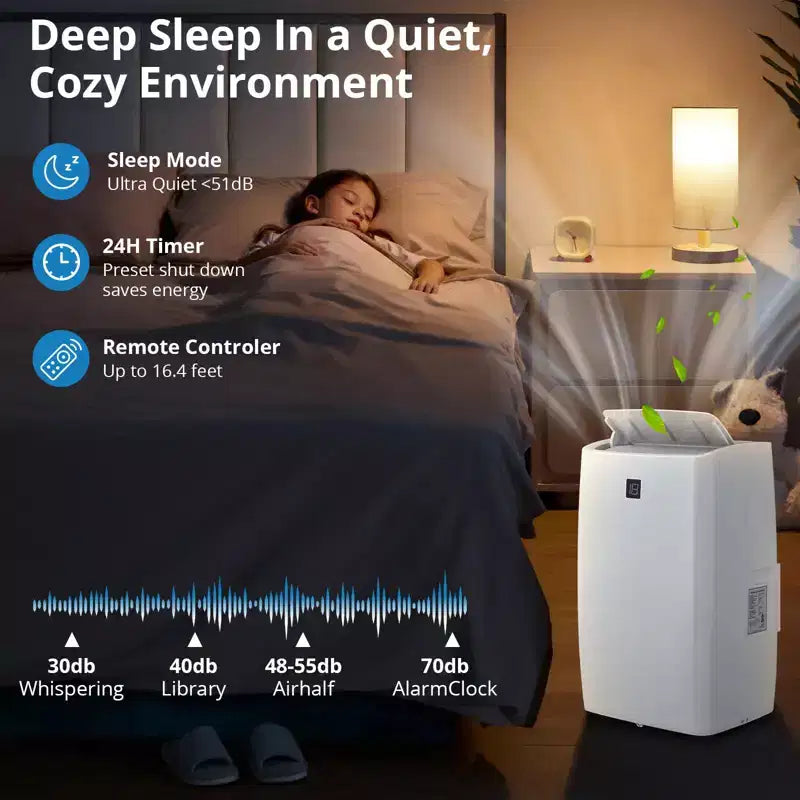 Climatiseurs portables, Climatiseur portable 14000 BTU, Refroidit jusqu'à 70 m² Climatiseur mobile 3-en-1 pour chambre avec déshumidificateur, ventilateur, mode veille, minuterie 24h