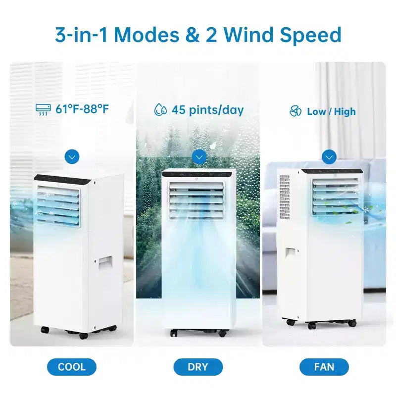 Climatiseurs portables de 8000 BTU avec télécommande et minuterie 24h, unité de climatisation portable 3 EN 1 silencieuse avec déshumidificateur et ventilateur, jusqu'à 32,5 m².