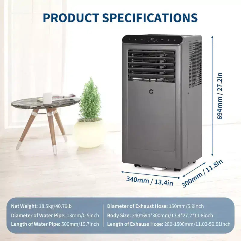 Climatiseur portable 8 000 BTU, unités de climatisation portables 4-en-1 pour pièces avec ventilateur, déshumidificateur, refroidit jusqu'à 32,5 m²