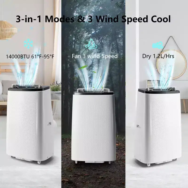 Climatiseurs portables de 14 000 BTU, couverture de 70 m², fonction 4-en-1, double moteur avec déshumidificateur et télécommande, idéal pour les grandes pièces et les camping-cars