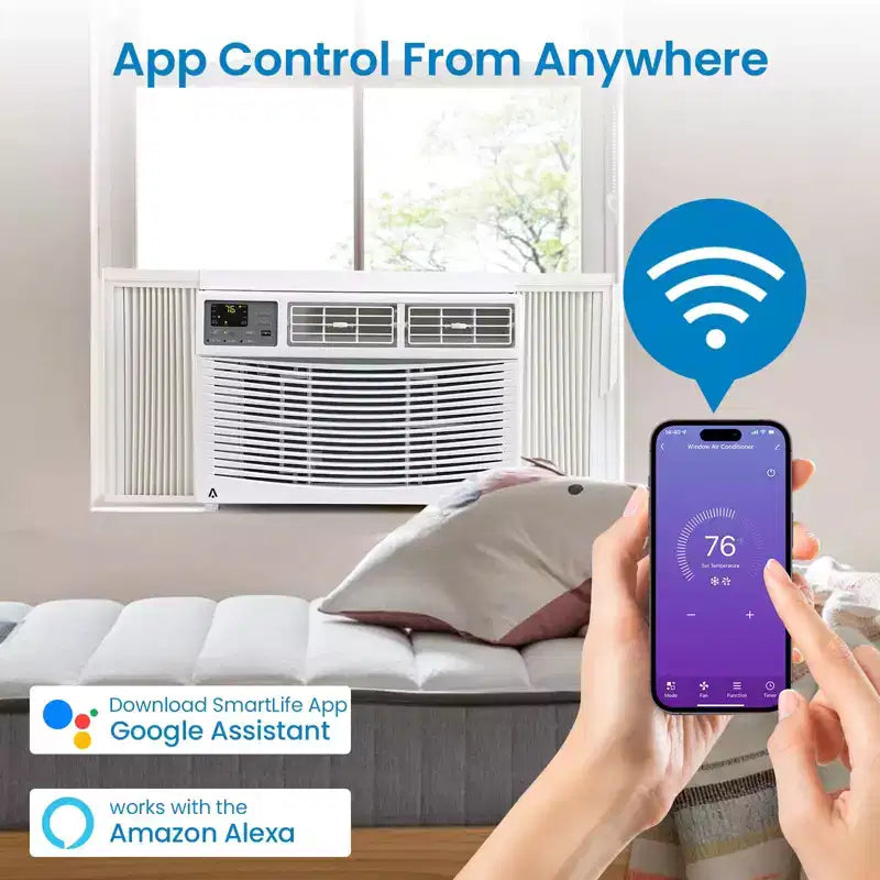 Climatiseur de fenêtre intelligent 8000 BTU - Climatiseur compatible Wi-Fi pour pièces de 32,5 m², Refroidissement silencieux 51 dB 11 EER avec contrôle par application, affichage numérique et télécommande