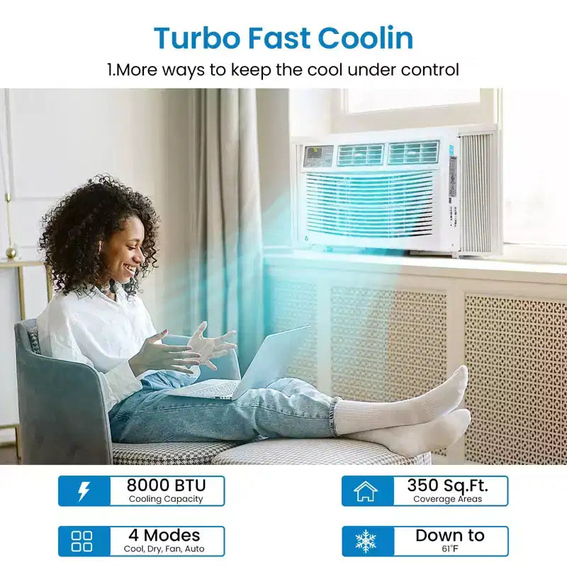 Climatiseur de fenêtre intelligent 8000 BTU - Climatiseur compatible Wi-Fi pour pièces de 32,5 m², Refroidissement silencieux 51 dB 11 EER avec contrôle par application, affichage numérique et télécommande