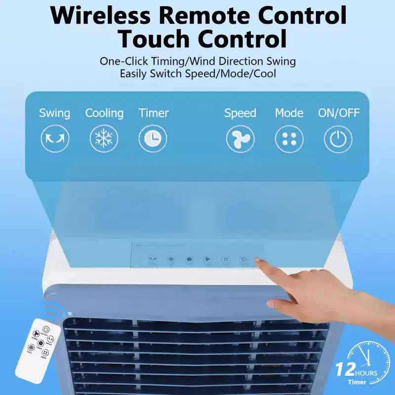 Refroidisseur d'air évaporatif 3500CFM, Refroidisseur par évaporation avec télécommande et minuterie 12h, 4 blocs de glace, 3 modes et vitesses de ventilation pour utilisation extérieure intérieure, 13,2 gallons