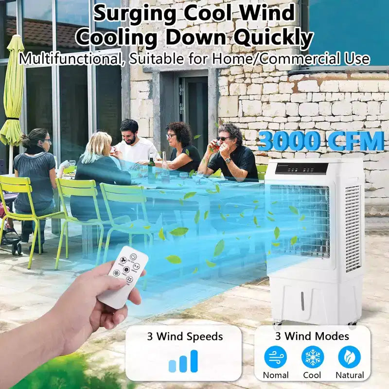 Refroidisseur de marais 3000 CFM, refroidisseur d'air par évaporation avec télécommande et minuterie de 12 heures, 4 blocs de glace, 3 modes et vitesses de vent pour utilisation intérieure et extérieure, 10,3 gallons