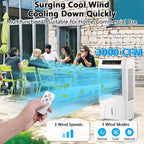 Refroidisseur de marais 3000 CFM, refroidisseur d'air par évaporation avec télécommande et minuterie de 12 heures, 4 blocs de glace, 3 modes et vitesses de vent pour utilisation intérieure et extérieure, 10,3 gallons