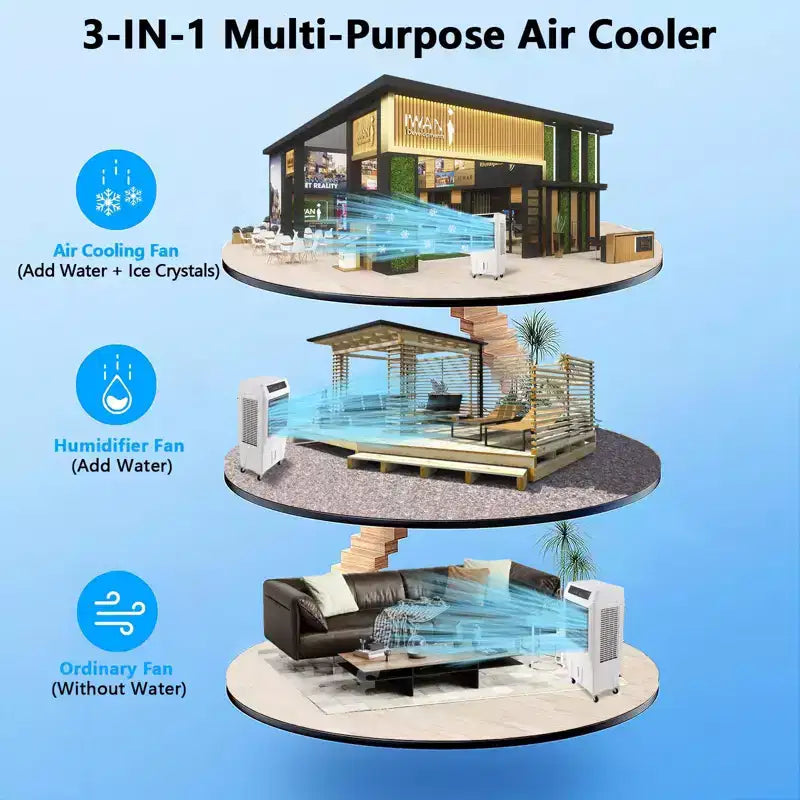 Refroidisseur de marais 3000 CFM, refroidisseur d'air par évaporation avec télécommande et minuterie de 12 heures, 4 blocs de glace, 3 modes et vitesses de vent pour utilisation intérieure et extérieure, 10,3 gallons