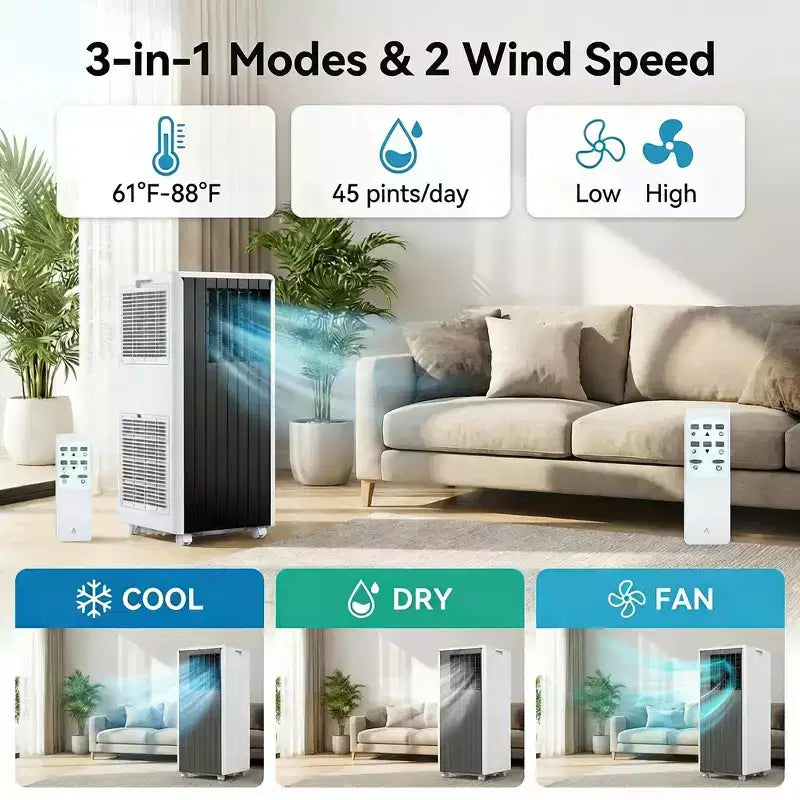 Climatiseur portable 8 000 BTU, refroidit des pièces jusqu'à 32,5 m², déshumidificateur, ventilateur, mode veille, télécommande, unité de climatisation silencieuse avec kit de montage de fenêtre