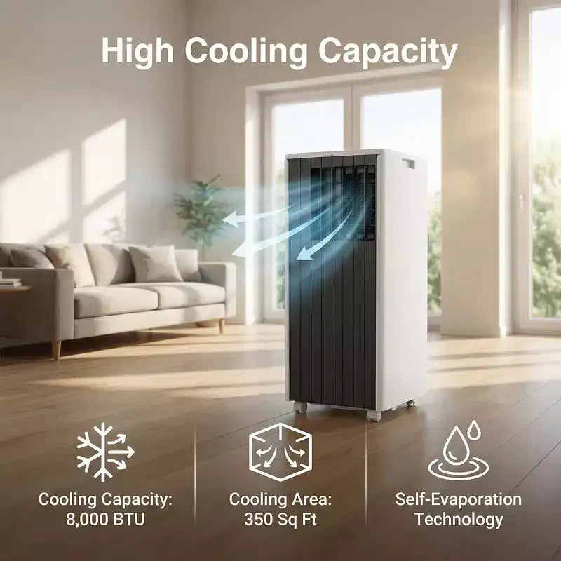 Climatiseur portable 8 000 BTU, refroidit des pièces jusqu'à 32,5 m², déshumidificateur, ventilateur, mode veille, télécommande, unité de climatisation silencieuse avec kit de montage de fenêtre