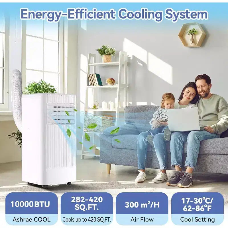 Climatiseur portable Acekool 10 000 BTU, 3-en-1 : climatiseur, déshumidificateur, ventilateur, rafraîchit 52 m², télécommande, écran LED, minuterie 24h, roulettes, blanc
