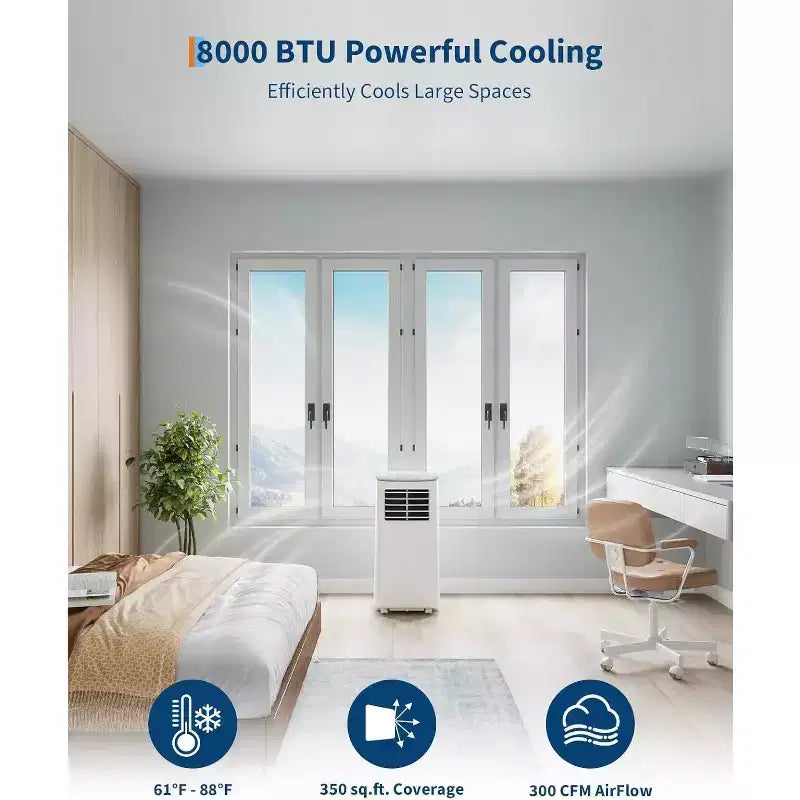 Climatiseur portable Acekool 8 000 BTU, ventilateur déshumidificateur 4-en-1, télécommande, minuterie, pour pièces jusqu'à 32,5 m², kit de fenêtre