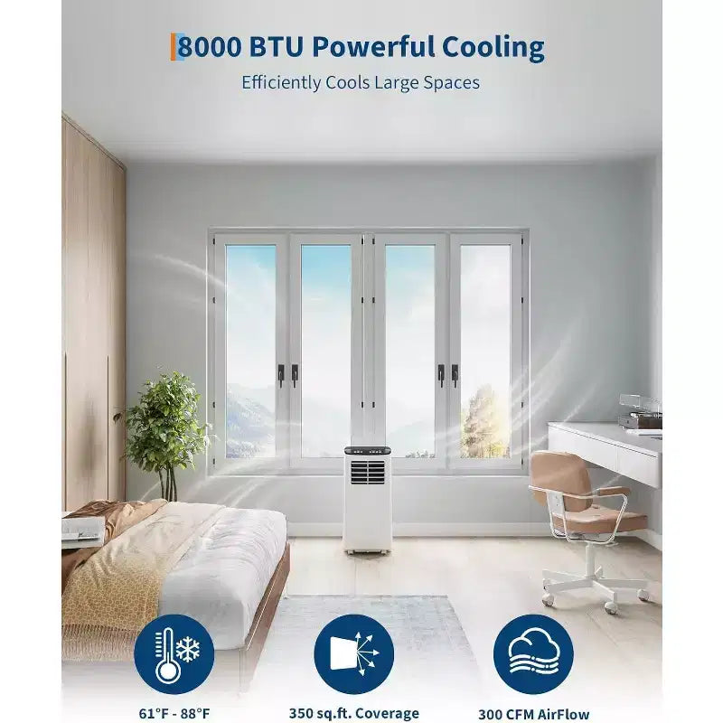 Climatiseur portable Acekool 8 000 BTU, ventilateur déshumidificateur 4-en-1, télécommande, minuterie, pour pièces jusqu'à 32,5 m², kit de fenêtre