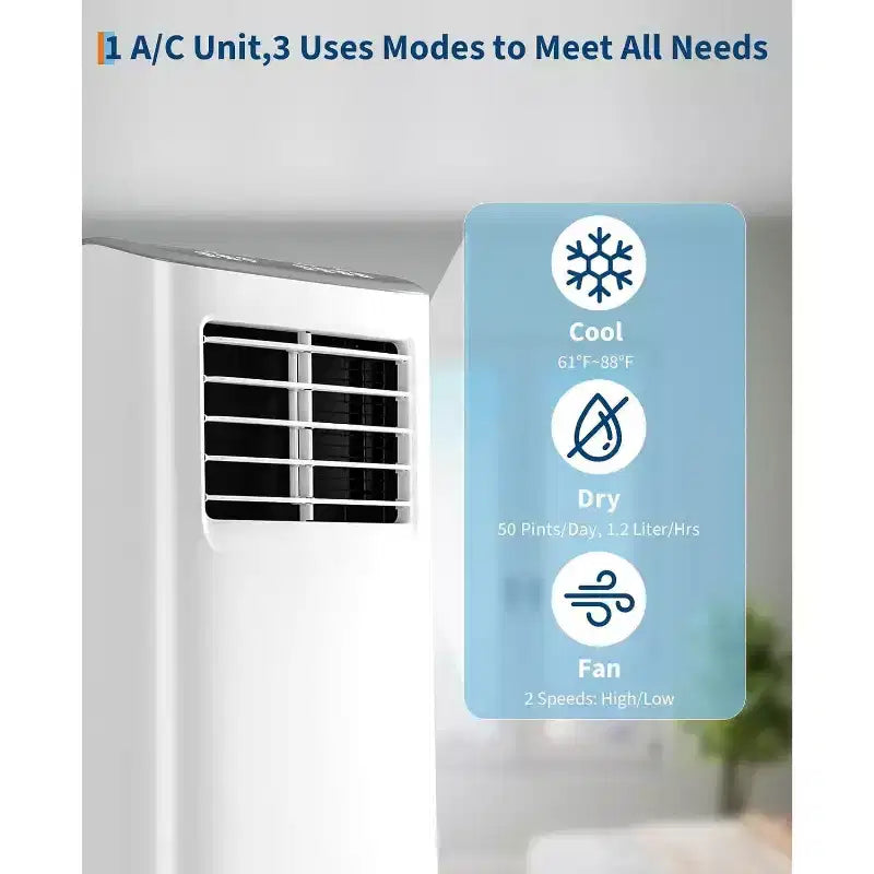 Climatiseur portable Acekool 8 000 BTU, ventilateur déshumidificateur 4-en-1, télécommande, minuterie, pour pièces jusqu'à 32,5 m², kit de fenêtre