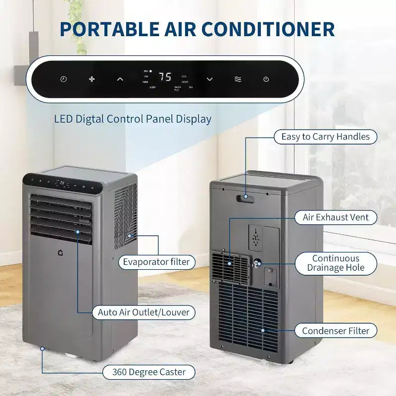 Climatiseur portable Acekool 8 000 BTU, 4 en 1, AC, Déshumidificateur, Ventilateur, Mode veille, Télécommande, Minuteur, Kit de fenêtre, pour pièces jusqu'à 32 m², Gris