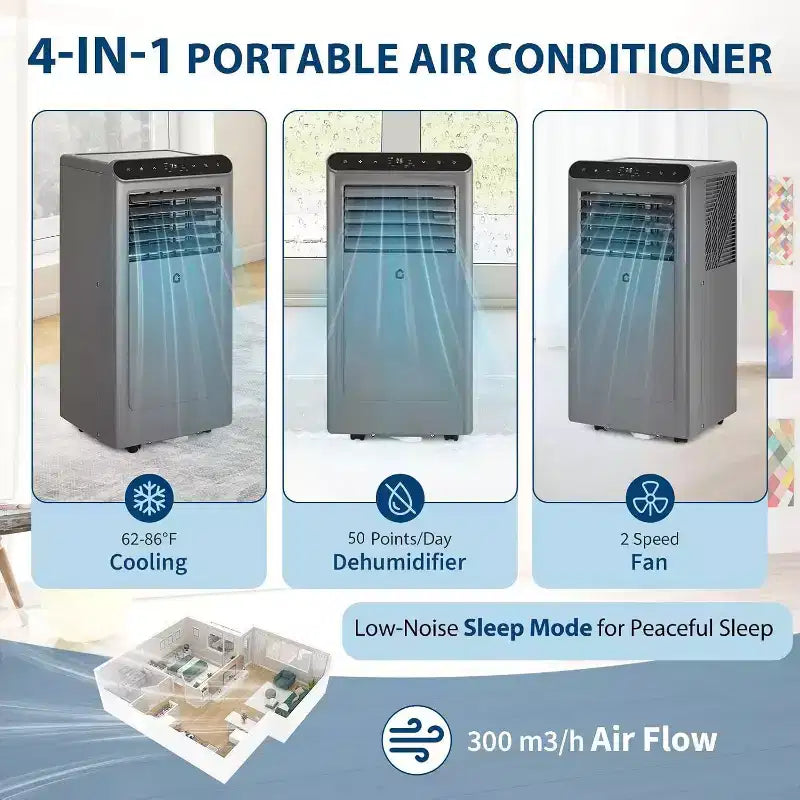 Climatiseur portable Acekool 10 000 BTU, climatiseur 4-en-1 déshumidificateur ventilateur mode veille, télécommande, économe en énergie, pour pièces jusqu'à 42 m², gris