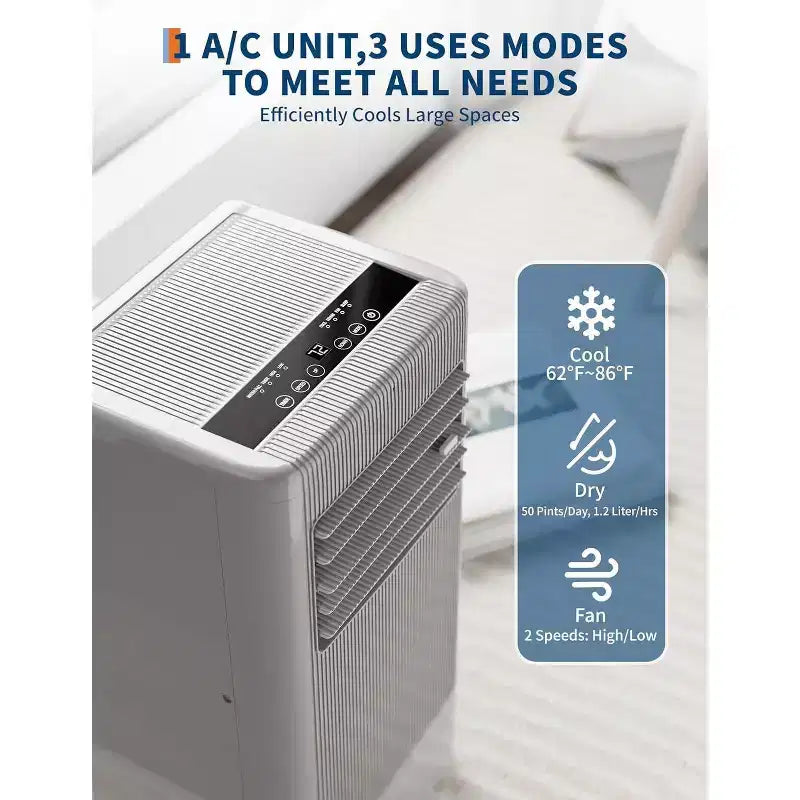 Climatiseur portable Acekool 10 000 BTU, climatiseur 3-en-1 avec ventilateur déshumidificateur, télécommande, minuterie, kit de fenêtre, pour pièces jusqu'à 42 m², noir et gris