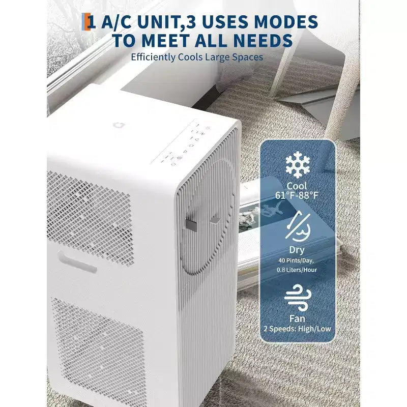 Climatiseur portable Acekool 8 000 BTU, ventilateur déshumidificateur 3-en-1, deux moteurs, oscillation automatique, télécommande, pour pièces jusqu'à 32,5 m², blanc