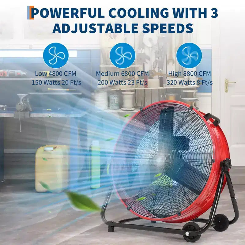 Floor Fan, Industrial Fan - 24 Inch Heavy Duty Drum Fan with 4 Speeds, Metal Air Circulator for Warehouse, Workshop, Garage, Factory, Basement