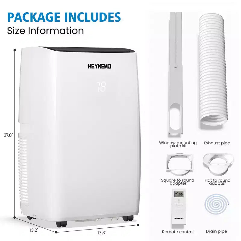 Heynemo Climatiseur portable 3-en-1 de 14 000 BTU avec chauffage, déshumidificateur et ventilateur, contrôle intelligent Wi-Fi, climatiseur silencieux pour chambre et bureau, blanc