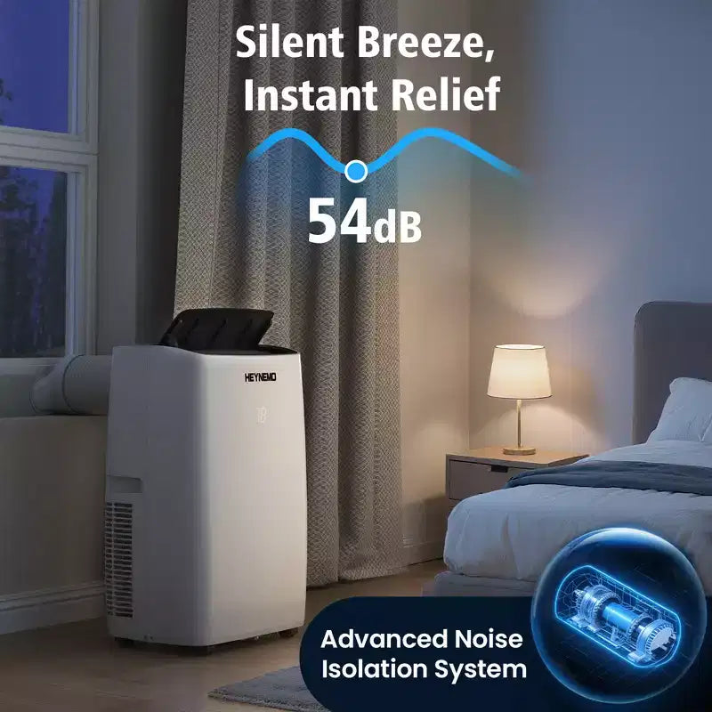 Heynemo Climatiseur portable 3-en-1 de 14 000 BTU avec chauffage, déshumidificateur et ventilateur, contrôle intelligent Wi-Fi, climatiseur silencieux pour chambre et bureau, blanc