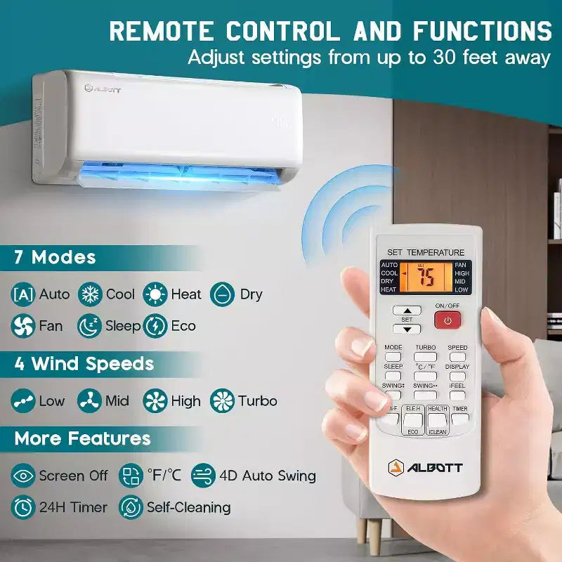 AMERLIFE Climatiseur Mini Split Pompe à Chaleur, Climatiseur Onduleur Energy Star avec Contrôle Intelligent Wi-Fi