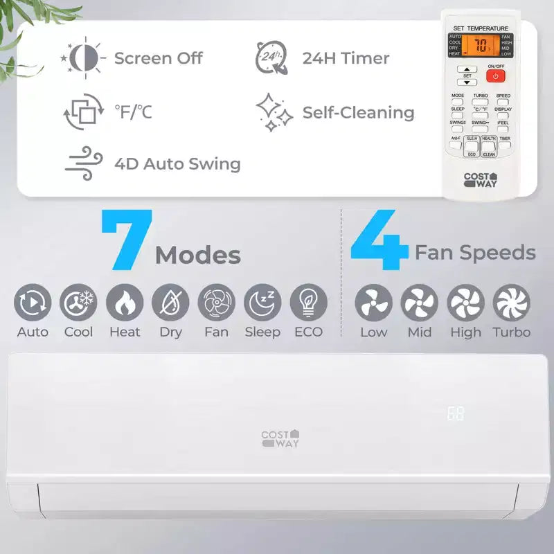 Climatiseur Chauffage Mini Split Costway 24000 BTU avec Kit d'installation de Pompe à Chaleur 2 Tonnes