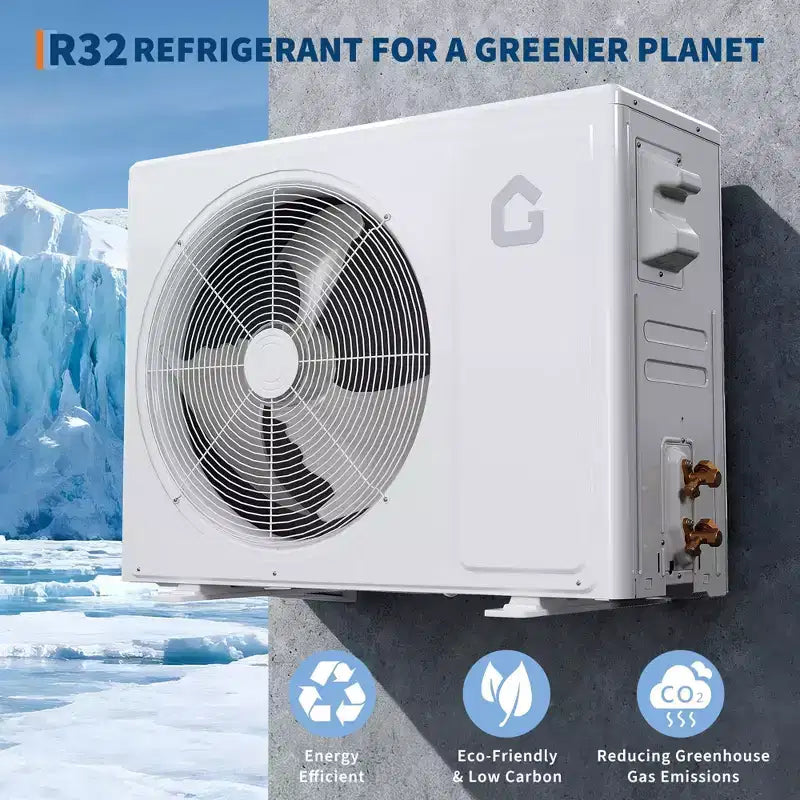 Climatiseur bibloc silencieux Garvee | 9000 BTU 3-en-1 Refroidissement/Chauffage/Déshumidificateur | Pompe à chaleur Inverter 115V | Conduites pré-chargées 3m, Blanc