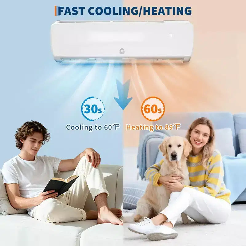 Climatiseur bibloc silencieux Garvee | 9000 BTU 3-en-1 Refroidissement/Chauffage/Déshumidificateur | Pompe à chaleur Inverter 115V | Conduites pré-chargées 3m, Blanc