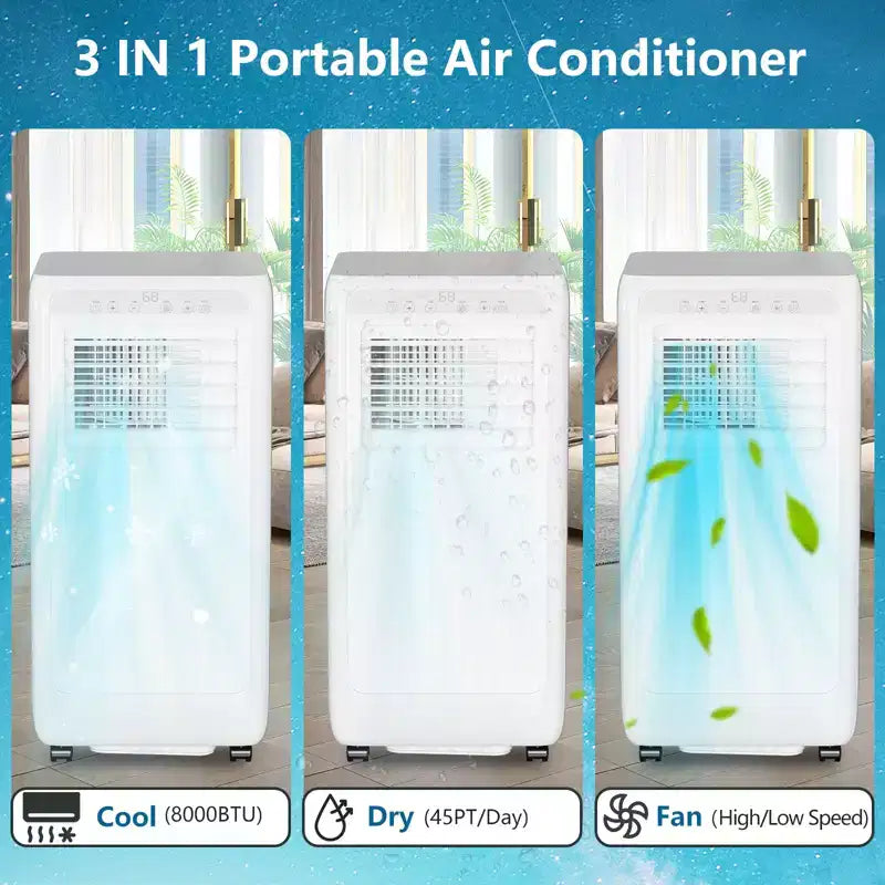 Climatiseur portable Acekool 8 000 BTU, ventilateur et déshumidificateur 3 en 1, télécommande, minuterie 24h pour pièces jusqu'à 32,5 m²