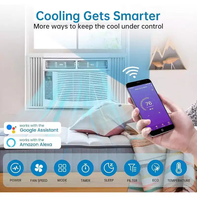 Climatiseur de fenêtre Acekool 6 000 BTU, clim Wi-Fi intelligente avec télécommande, rafraîchissement silencieux pour pièces jusqu'à 23 m²