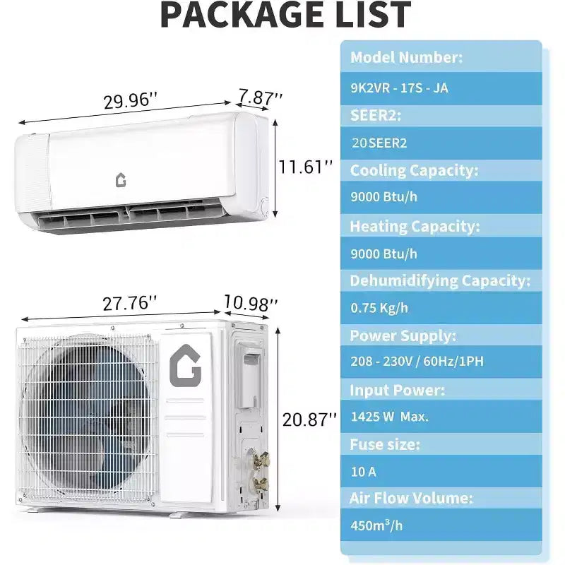 Climatiseur et Chauffage Mini Split Acekool 9 000 BTU, Pompe à Chaleur CVC Sans Conduit 20 SEER2, Contrôle WiFi, Refroidit les Pièces jusqu'à 42 m²