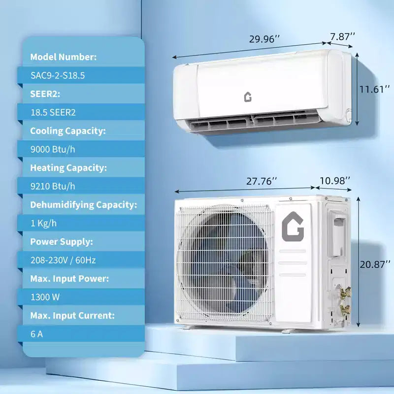 Climatiseur Mini Split 9000 BTU, Unité Murale 18.5 SEER2 208-230V avec Climatisation et Chauffage Jusqu'à 42 m²