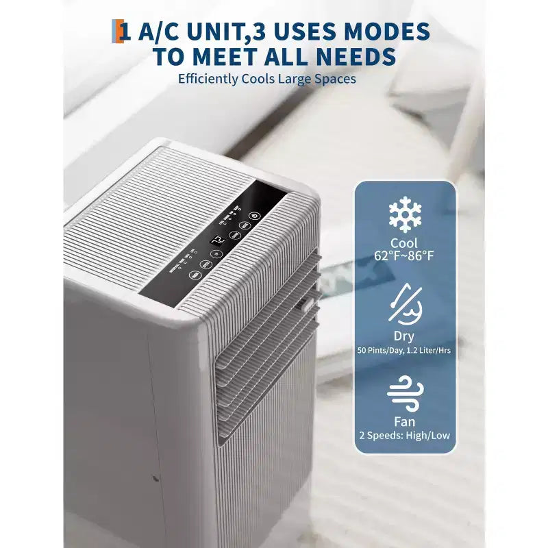 10000 BTU Portable Air Conditioner, Quiet 3 in-1 Cooling Unit for Rooms Up to 450 Sq.Ft, Includes Dehumidifier & Fan Modes
