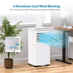 Climatiseur mobile portable 8 000 BTU : Appareil 4-en-1 avec déshumidificateur, ventilateur et mode nuit pour 32-42 m². Caractéristiques : installation facile, télécommande et minuterie 24h.