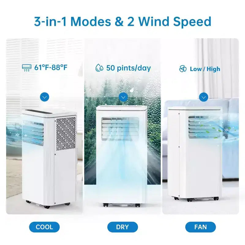 Climatiseur mobile portable 8 000 BTU : Appareil 4-en-1 avec déshumidificateur, ventilateur et mode nuit pour 32-42 m². Caractéristiques : installation facile, télécommande et minuterie 24h.