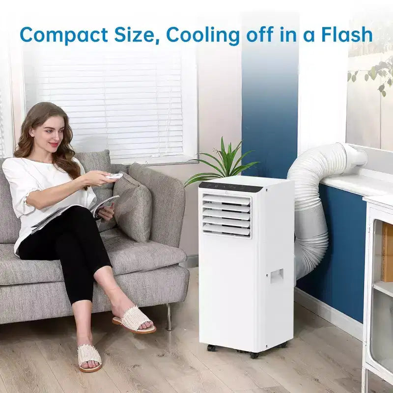 Climatiseur mobile portable 8 000 BTU : Appareil 4-en-1 avec déshumidificateur, ventilateur et mode nuit pour 32-42 m². Caractéristiques : installation facile, télécommande et minuterie 24h.
