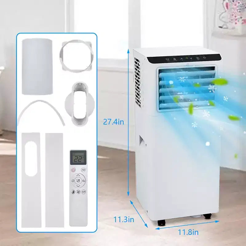 Climatiseur portable blanc de 8 000 BTU – Puissante climatisation pour des espaces de 32,5 m². 4 modes : Froid, Ventilateur, Déshumidificateur et Veille avec télécommande et minuterie programmable 24h/24