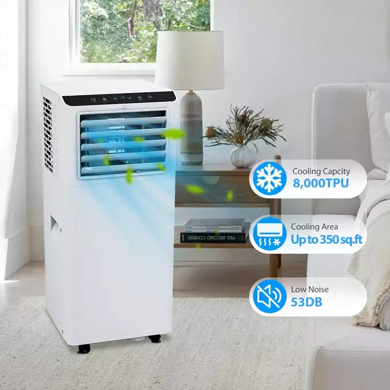 Climatiseur portable blanc de 8 000 BTU – Puissante climatisation pour des espaces de 32,5 m². 4 modes : Froid, Ventilateur, Déshumidificateur et Veille avec télécommande et minuterie programmable 24h/24