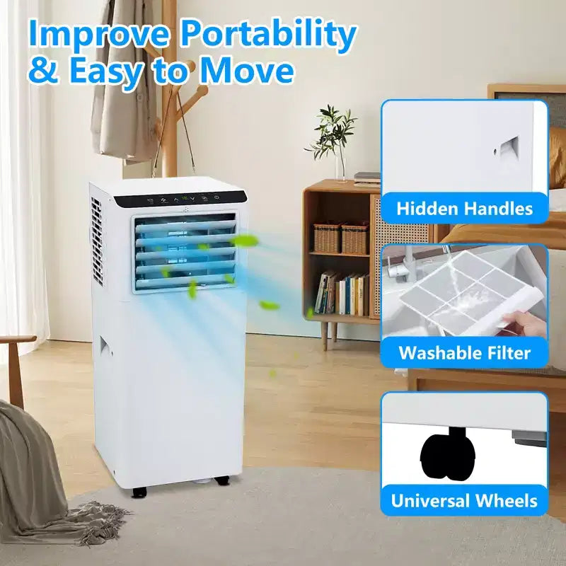Climatiseur portable blanc de 8 000 BTU – Puissante climatisation pour des espaces de 32,5 m². 4 modes : Froid, Ventilateur, Déshumidificateur et Veille avec télécommande et minuterie programmable 24h/24