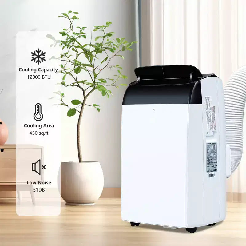 Climatiseur portable compact et intelligent : 12 000 BTU, refroidissement 3-en-1 pour pièces de 51 m² avec télécommande LCD. Modes ventilateur et déshumidificateur, couleur blanche.