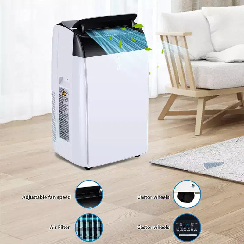 Climatiseur portable compact et intelligent : 12 000 BTU, refroidissement 3-en-1 pour pièces de 51 m² avec télécommande LCD. Modes ventilateur et déshumidificateur, couleur blanche.