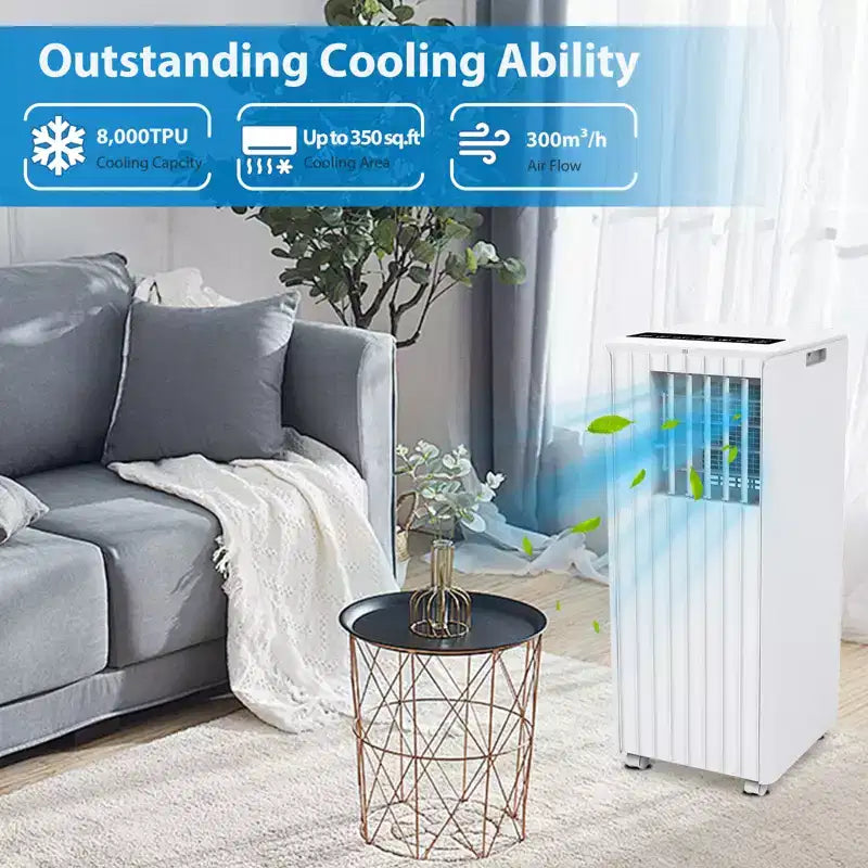 Climatiseur portable blanc 3-en-1 sur pied de 8 000 BTU, refroidit 32,5 m² avec déshumidificateur, ventilateur et télécommande
