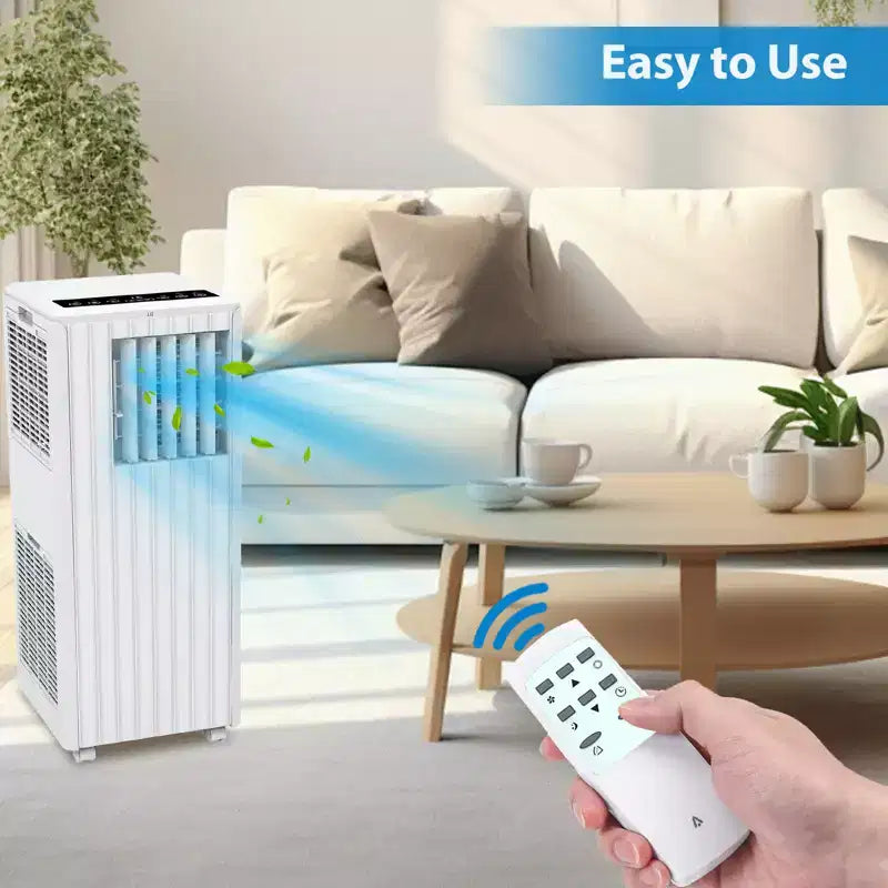 Climatiseur portable blanc 3-en-1 sur pied de 8 000 BTU, refroidit 32,5 m² avec déshumidificateur, ventilateur et télécommande