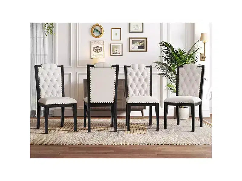 Silla de comedor de lino beige con respaldo alto, capitoné, juego de 4