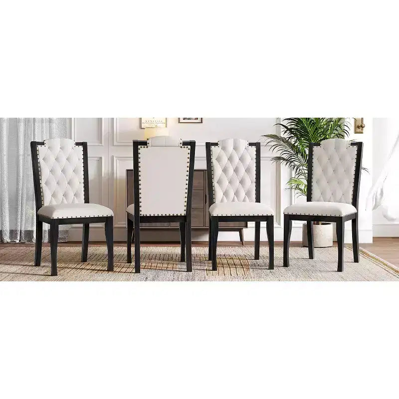 Silla de comedor de lino beige con respaldo alto, capitoné, juego de 4