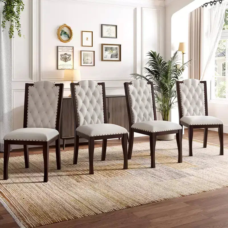 Silla de comedor de lino beige con respaldo alto, capitoné, juego de 4