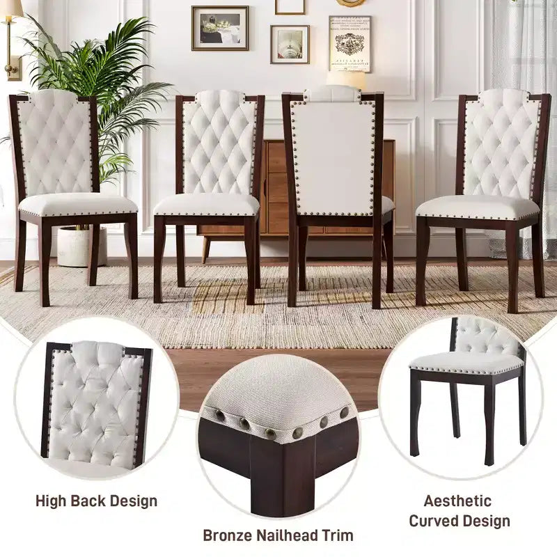 Silla de comedor de lino beige con respaldo alto, capitoné, juego de 4