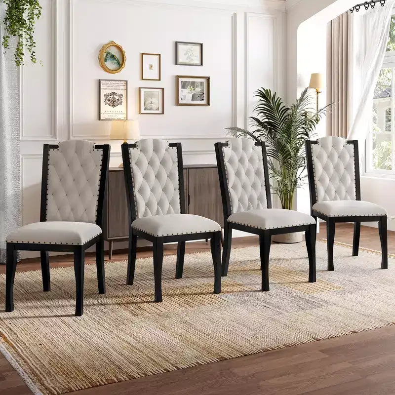 Silla de comedor de lino beige con respaldo alto, capitoné, juego de 4